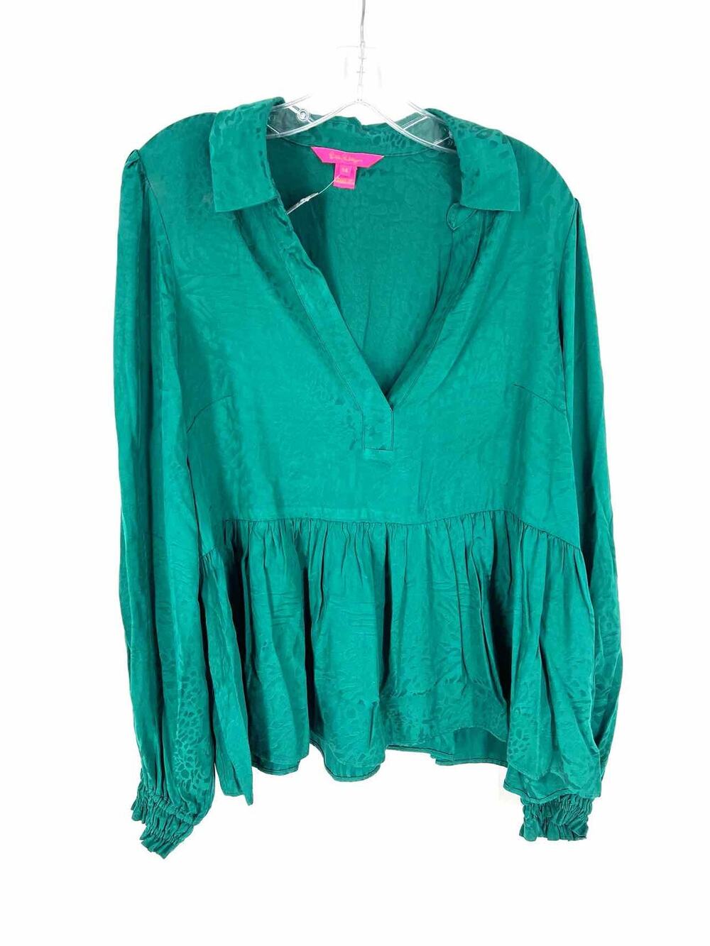 Lilly Pulitzer Size 14 Green Johnny Collar Animal Print Designer Top-Long Sleeve